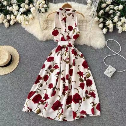 V-neck Party Dress,vintage Dress,rose Floral Dress