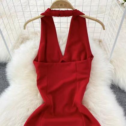 Halter Neck Dress, Sexy Red Dress