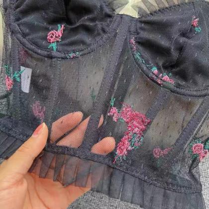 Flower Embroidery Tank Top. Spaghetti Strap Top,..