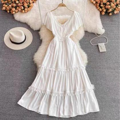 Beach Holiday Dress, V-neck White Fringed Peplum..