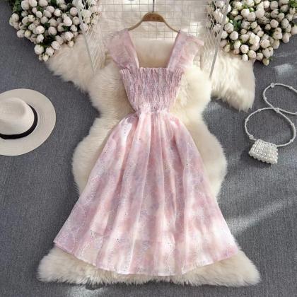 Pink Fly Sleeve Floral Dress, Sweet, Girl, Super..