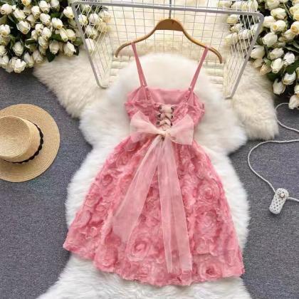 Romantic, 3d Flower Pink Dress, Spaghetti Strap..