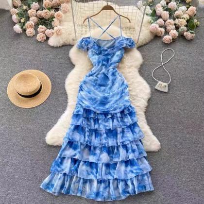 Tie Dye Strap Shoulder Dress, Fairy, Fashion..