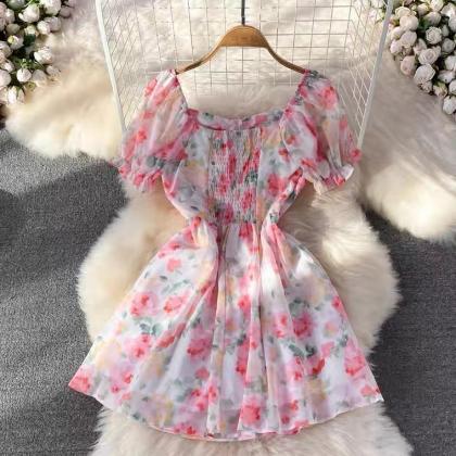 Pink Dress, Summer, Fresh, Sweet, Square Collar,..