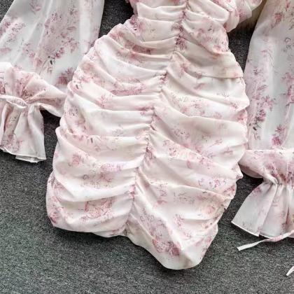 Gentle , Pink Floral Fairy Dress, Chiffon V-neck..