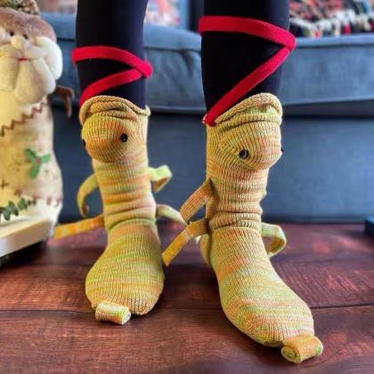 Quirky, crocheted alligator socks, ..