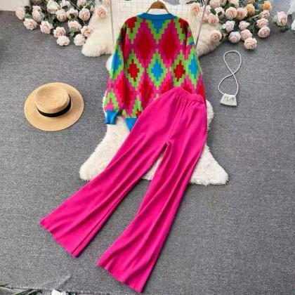 Autumn/winter, Matching Color Knit Suit, Retro..