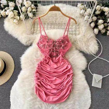 Lace Hook Flower Bodycon Dress, Pink Spaghetti..