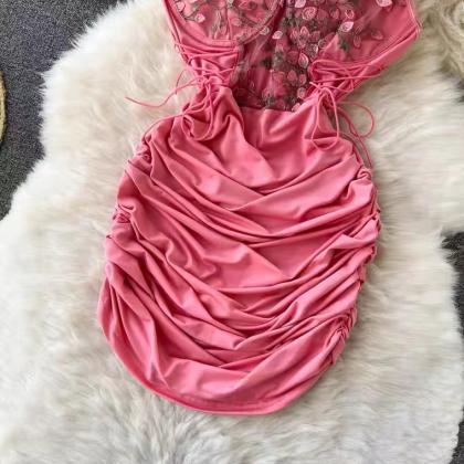 Lace Hook Flower Bodycon Dress, Pink Spaghetti..