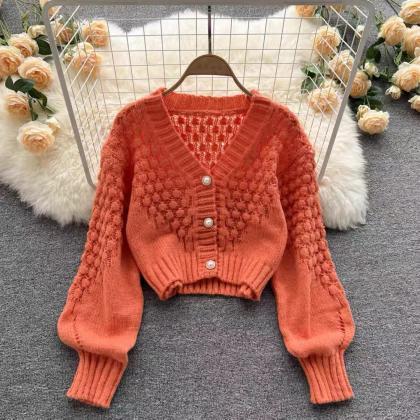 Knit Cardigan Sweater, V-neck Design Hollow Short..