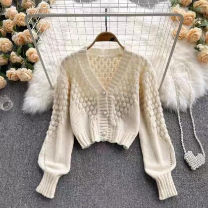 Knit Cardigan Sweater, V-neck Design Hollow Short..
