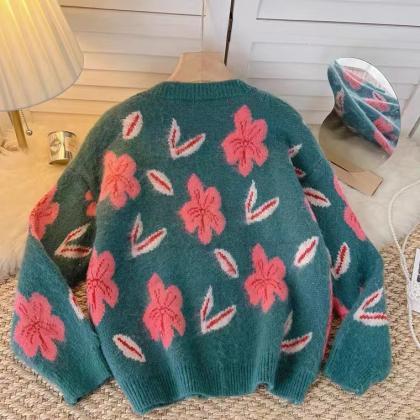 Elegant,lapel Print Sweater, Lazy Wind Loose..
