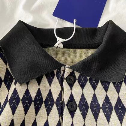 Knit Diamond Dress, Polo Neck Short Sleeve Midi..