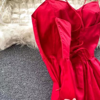 Red Holiday Dress, Halter, Lace-up, Waist, A-line..
