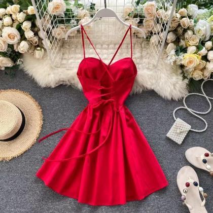 Red Holiday Dress, Halter, Lace-up, Waist, A-line..