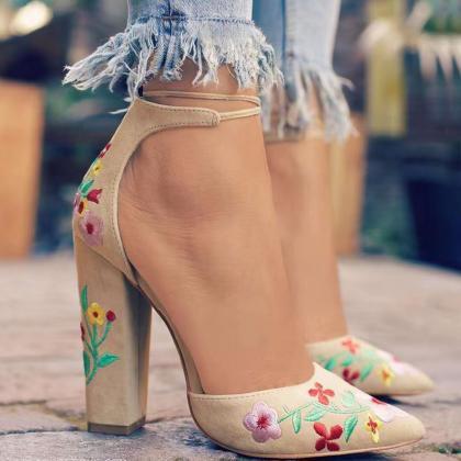 Chunky Heeled Embroidery Women Sand..