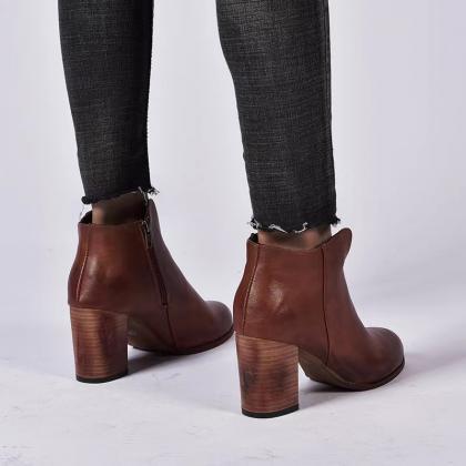 Chunky Heeled Women Leather Boots,vintage Ankle..