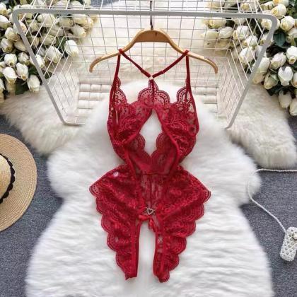 Chic, sexy, lace hollowed-out red l..