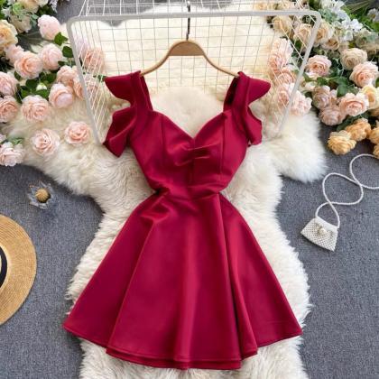Red Dress, V-neck Edge Slim Dress, Cute Sweet..