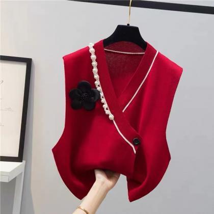 Pearl Flowers, Knitted Waistcoat Vest, V-neck..