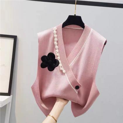 Pearl Flowers, Knitted Waistcoat Vest, V-neck..