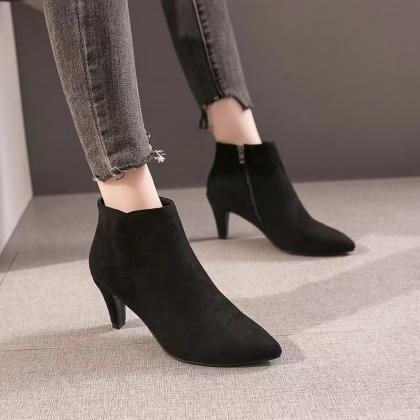 Pointy Thin Heel Low Boots, Middle Heels, Non-slip..