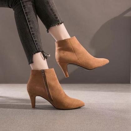 Pointy Thin Heel Low Boots, Middle Heels, Non-slip..