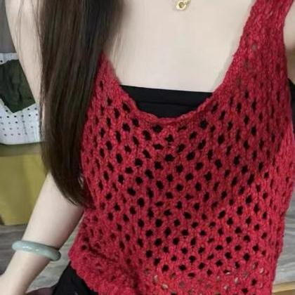 Red knitted vest, unique, loose, sw..