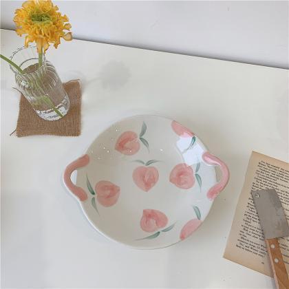 Ins Cute Fruit Pink Round Ceramic Plate Kitchen..