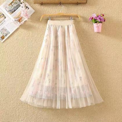Mid-length Pleated Gauze Skirt, Embroidered Floral..