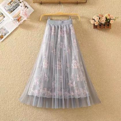 Mid-length Pleated Gauze Skirt, Embroidered Floral..