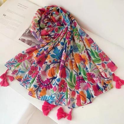 Bohemian, Colorful Flowers, Cotton And Hemp Scarf,..