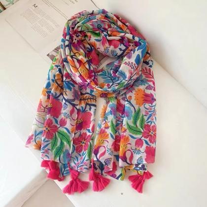 Bohemian, Colorful Flowers, Cotton And Hemp Scarf,..