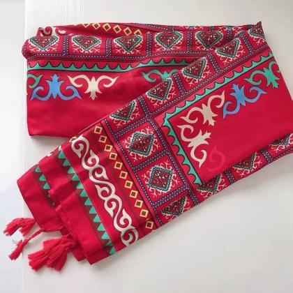 Ethnic Style, Red, Totem Cotton And Hemp Scarf,..