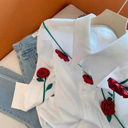 Rose White Shirt, Chic Blouse, Unique, Loose Chic..