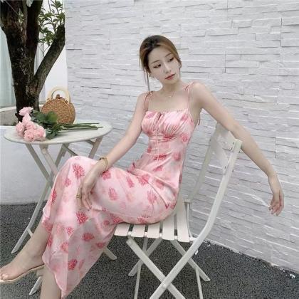 Gentle Wind, Chic Floral Suspender Long Dress,..