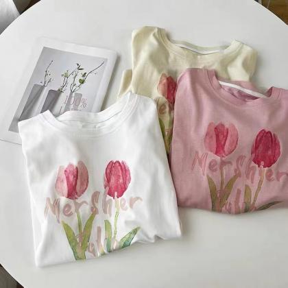 Vintage, Tulip Print Short Sleeve T-shirt, Loose,..