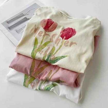 Vintage, Tulip Print Short Sleeve T-shirt, Loose,..