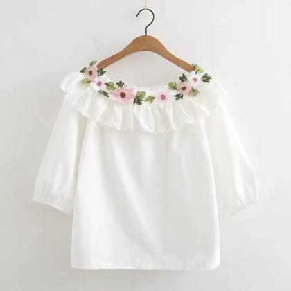 Rose-flower Embroidered Shirt, Hollowed Out..