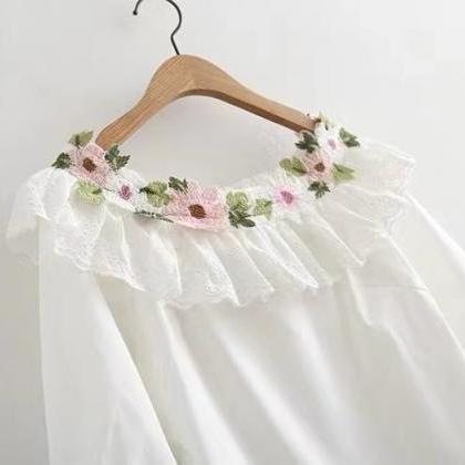 Rose-flower Embroidered Shirt, Hollowed Out..