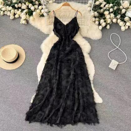 White/black Dress, Elegant Tassel Spaghetti Strap..
