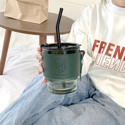 350ml Green Glass Mug With Lid And Straw..