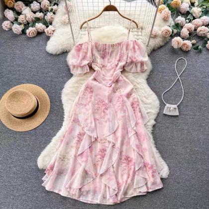 Sweet Floral Dress,spaghetti Strap Irregular Fairy..