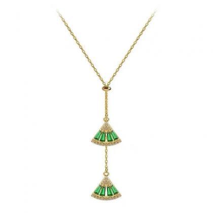 Green Crystal Fan Pendant Necklace For Woman..