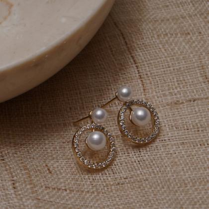 Vintage Geometric Round Zircon Pearl Earrings