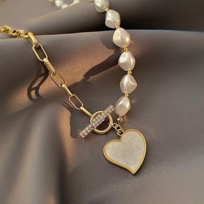 Pearl Hollow Chain Clasp Necklace For Women Heart..