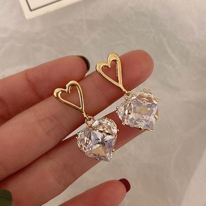 Trendy 14k Real Gold Crystal Heartearrings For..