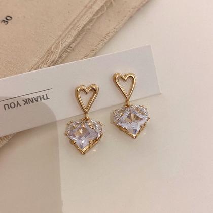 Trendy 14k Real Gold Crystal Heartearrings For..