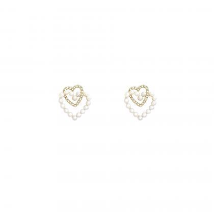Sweet Rhinestone Pearl Double Heart Stud Earrings..