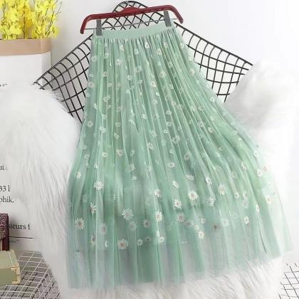 Small Daisy Floral High Waist Thin A-line Skirt,..